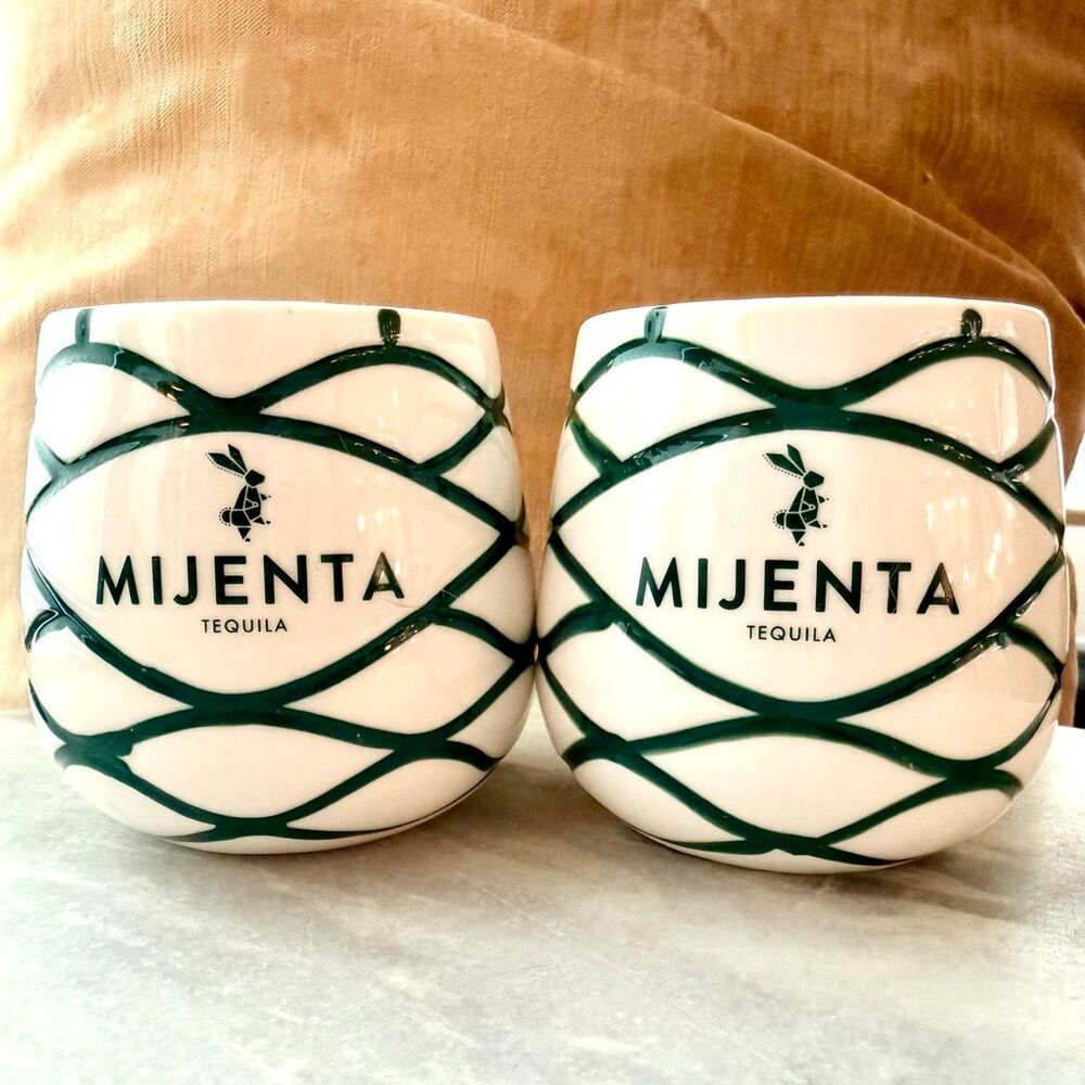 NWT Set of 2 Mijenta Tequila Rabbit Design Green Ivory Ceramic Cups Barware Mug